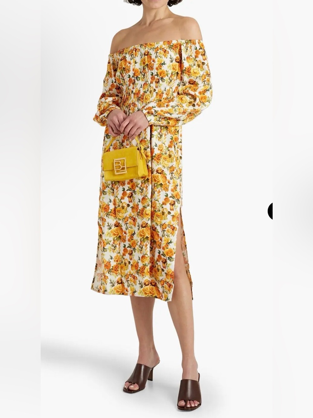 Onia Wms Yellow Floral Linen Blend L/S Off The Shoulder Cottagecore Midi Dress S